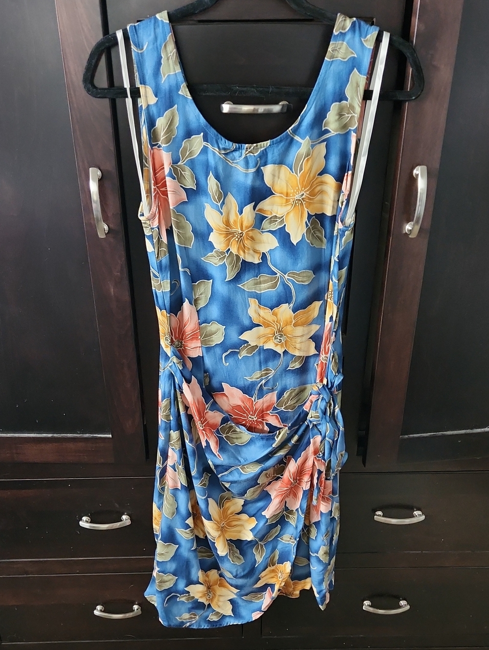 Caribbean Joe Vintage Blue Floral Wrap Midi Dress with Yellow & Coral Blooms